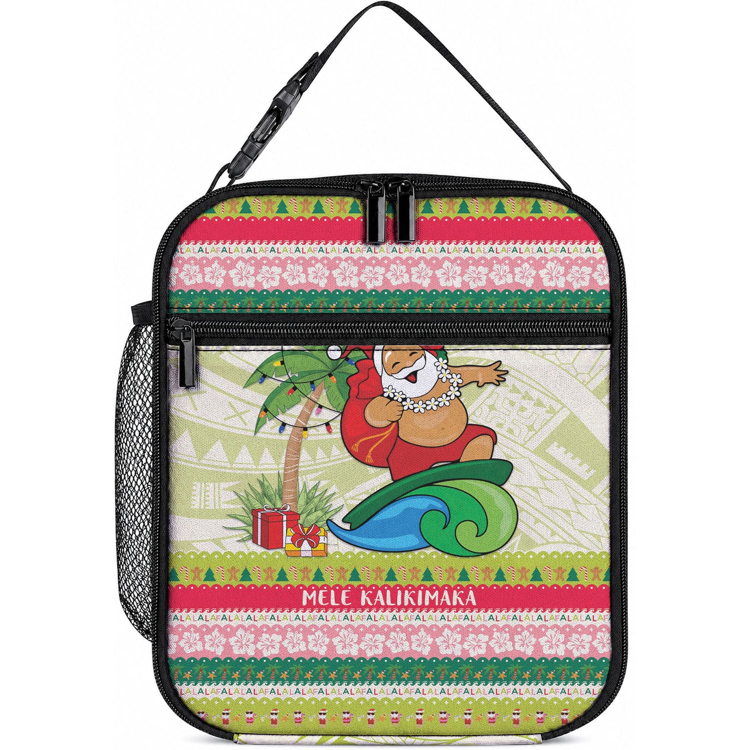 Mele Kalikimaka Hawaii Christmas Lunch Bag Surfing Santa with Polynesian Tribal LT9 10.2 × 8.3 × 4.3 inch Green - Polynesian Pride