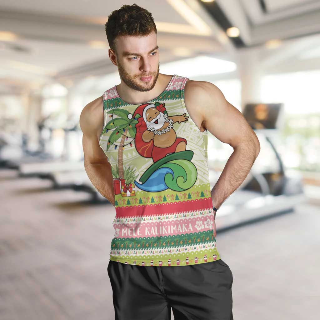 Mele Kalikimaka Hawaii Christmas Men Tank Top Surfing Santa with Polynesian Tribal LT9 Green - Polynesian Pride