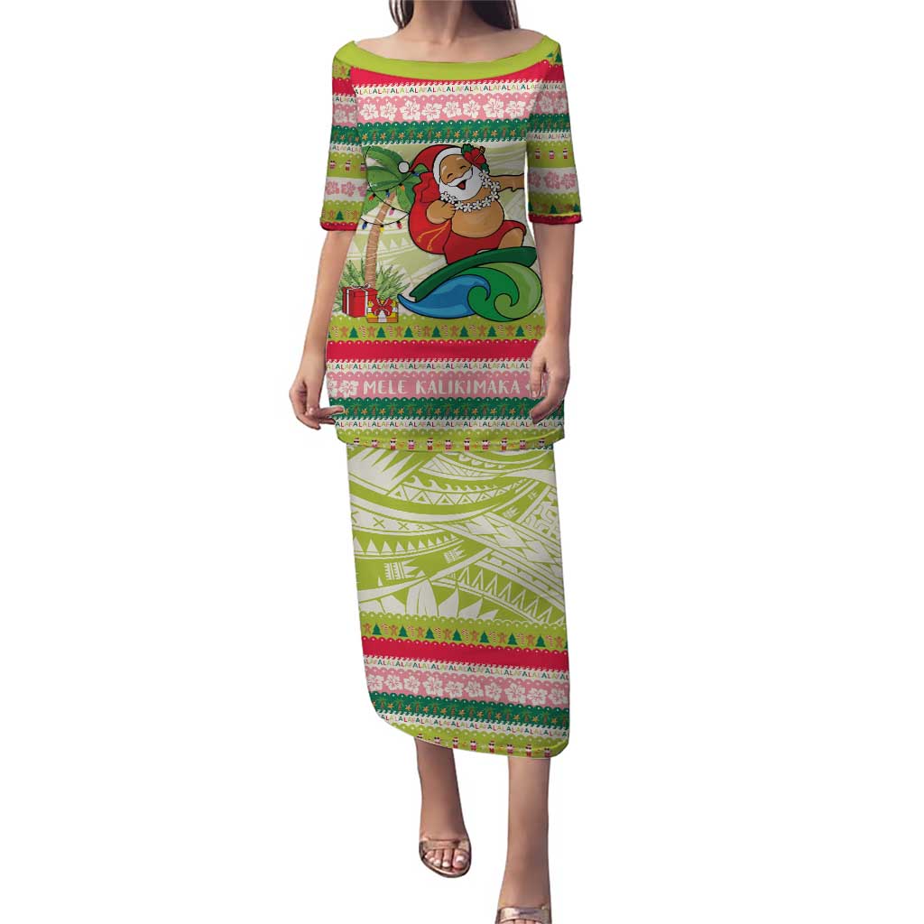 Mele Kalikimaka Hawaii Christmas Puletasi Surfing Santa with Polynesian Tribal LT9 Long Dress Green - Polynesian Pride