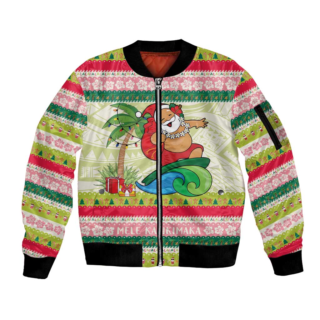 Mele Kalikimaka Hawaii Christmas Sleeve Zip Bomber Jacket Surfing Santa with Polynesian Tribal LT9 Unisex Green - Polynesian Pride