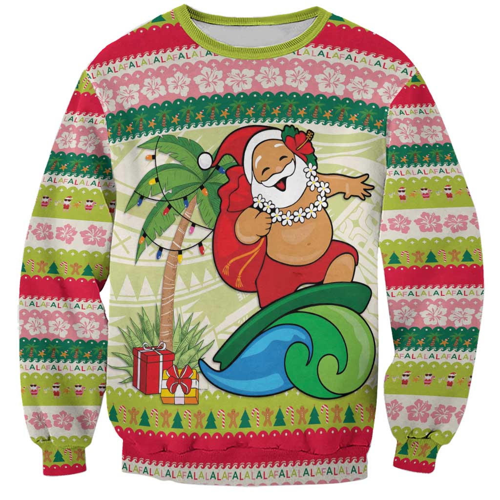 Mele Kalikimaka Hawaii Christmas Sweatshirt Surfing Santa with Polynesian Tribal LT9 Unisex Green - Polynesian Pride