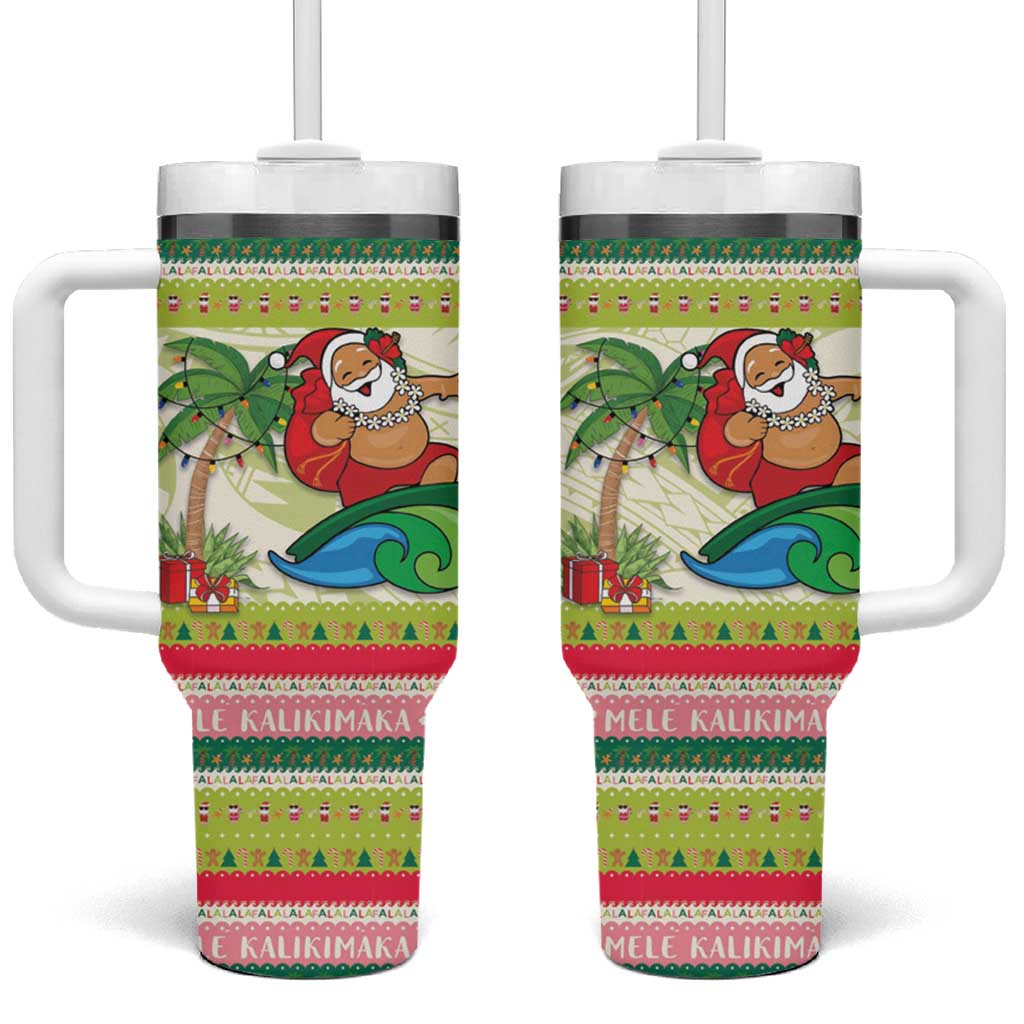 Mele Kalikimaka Hawaii Christmas Tumbler With Handle Surfing Santa with Polynesian Tribal LT9 One Size: 40 oz Green - Polynesian Pride