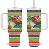 Mele Kalikimaka Hawaii Christmas Tumbler With Handle Surfing Santa with Polynesian Tribal LT9 One Size: 40 oz Green - Polynesian Pride