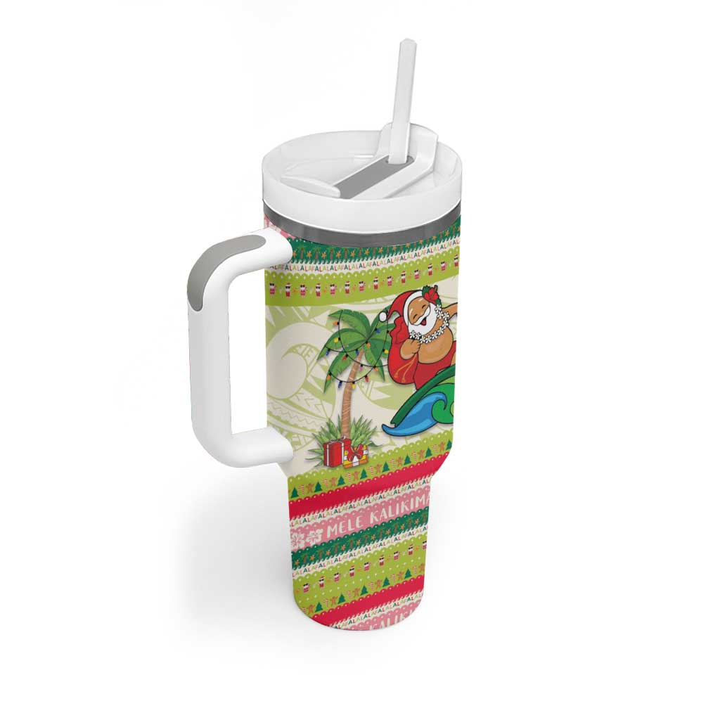 Mele Kalikimaka Hawaii Christmas Tumbler With Handle Surfing Santa with Polynesian Tribal LT9 - Polynesian Pride