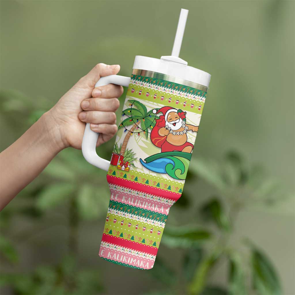 Mele Kalikimaka Hawaii Christmas Tumbler With Handle Surfing Santa with Polynesian Tribal LT9 - Polynesian Pride