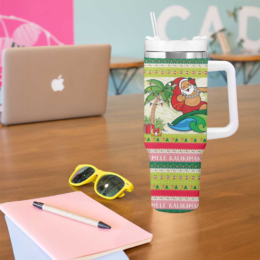 Mele Kalikimaka Hawaii Christmas Tumbler With Handle Surfing Santa with Polynesian Tribal LT9 - Polynesian Pride