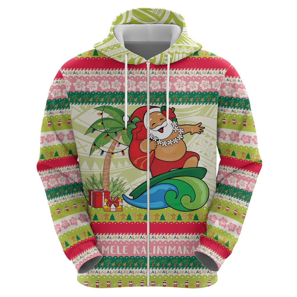 Mele Kalikimaka Hawaii Christmas Zip Hoodie Surfing Santa with Polynesian Tribal LT9 - Polynesian Pride