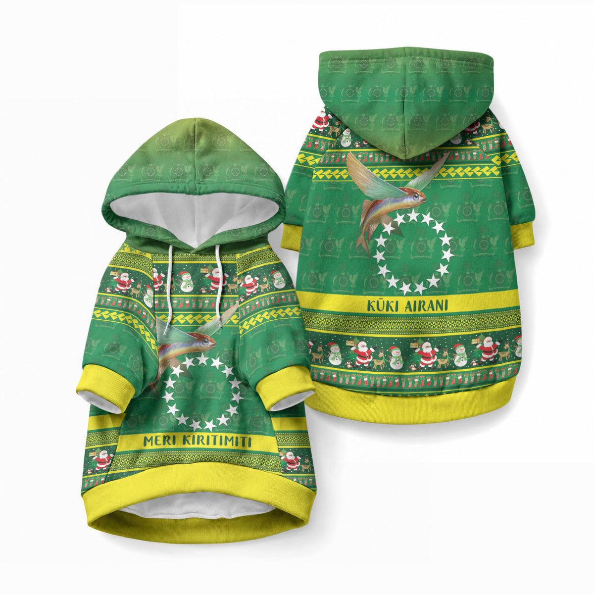 Meri Kiritimiti Cook Islands Christmas Pet Hoodie Maroro Flying Fish and White Stars LT9 Pullover Green - Polynesian Pride