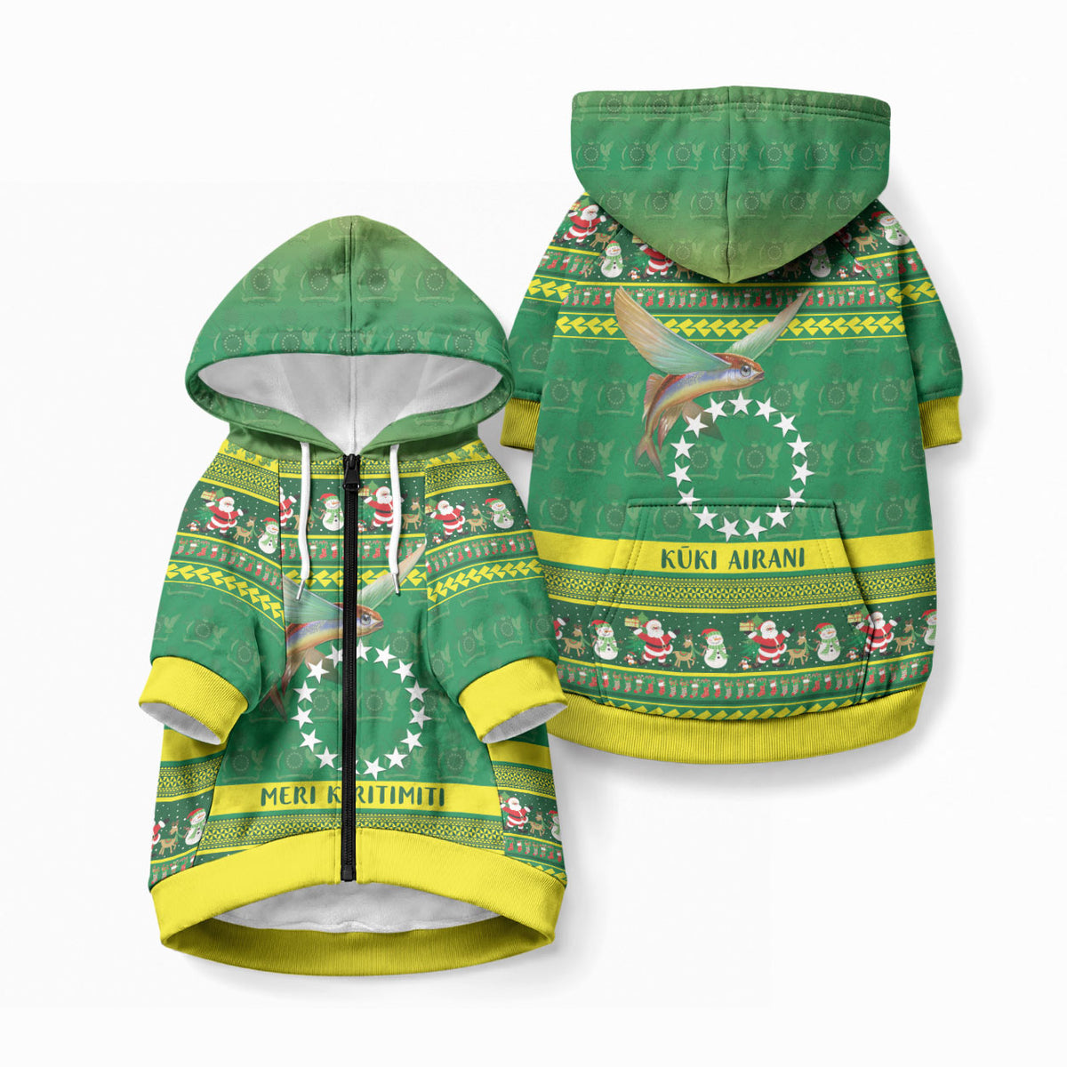 Meri Kiritimiti Cook Islands Christmas Pet Hoodie Maroro Flying Fish and White Stars LT9 Zip-up Green - Polynesian Pride