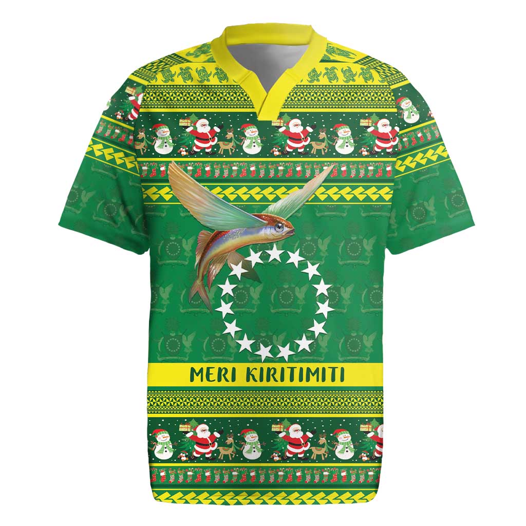 Meri Kiritimiti Cook Islands Christmas Rugby Jersey Maroro Flying Fish and White Stars LT9 Green - Polynesian Pride