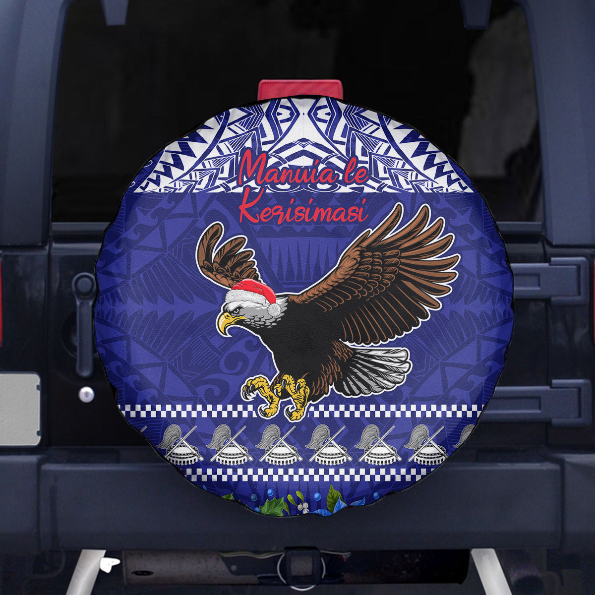 American Samoa Christmas Spare Tire Cover Manuia le Kerisimasi Polynesian Tribal LT9 Blue - Polynesian Pride