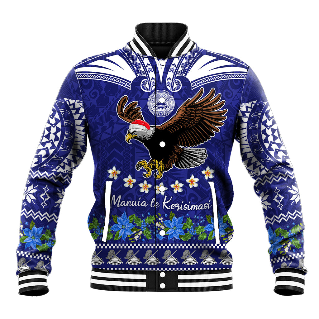 Personalised American Samoa Christmas Baseball Jacket Manuia le Kerisimasi Polynesian Tribal LT9 Unisex Blue - Polynesian Pride