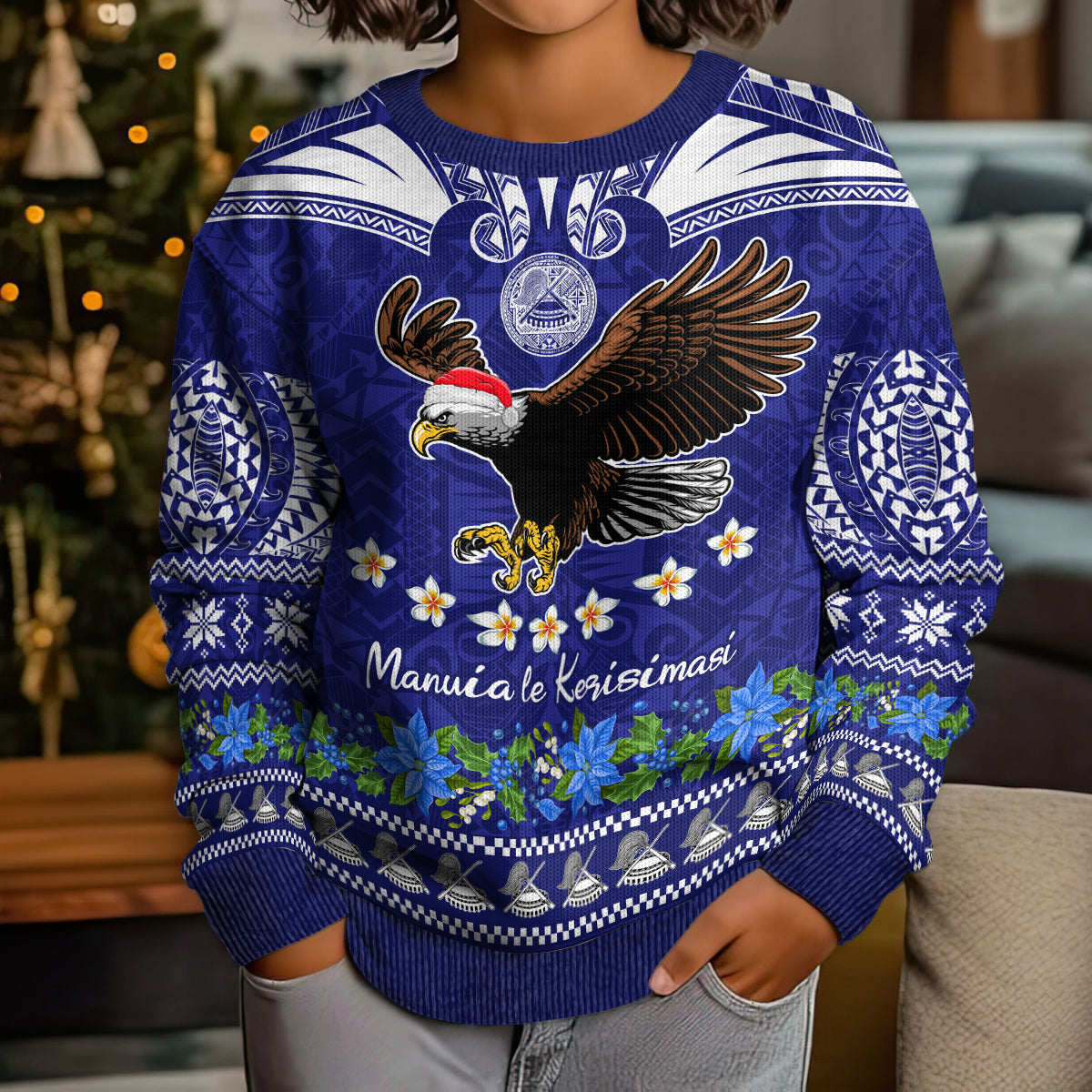 Personalised American Samoa Christmas Kid Ugly Christmas Sweater Manuia le Kerisimasi Polynesian Tribal LT9 - Polynesian Pride
