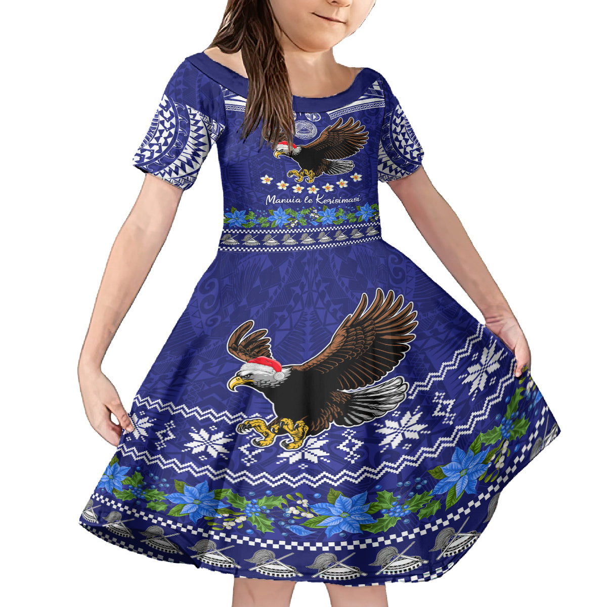 Personalised American Samoa Christmas Kid Short Sleeve Dress Manuia le Kerisimasi Polynesian Tribal LT9 KID Blue - Polynesian Pride