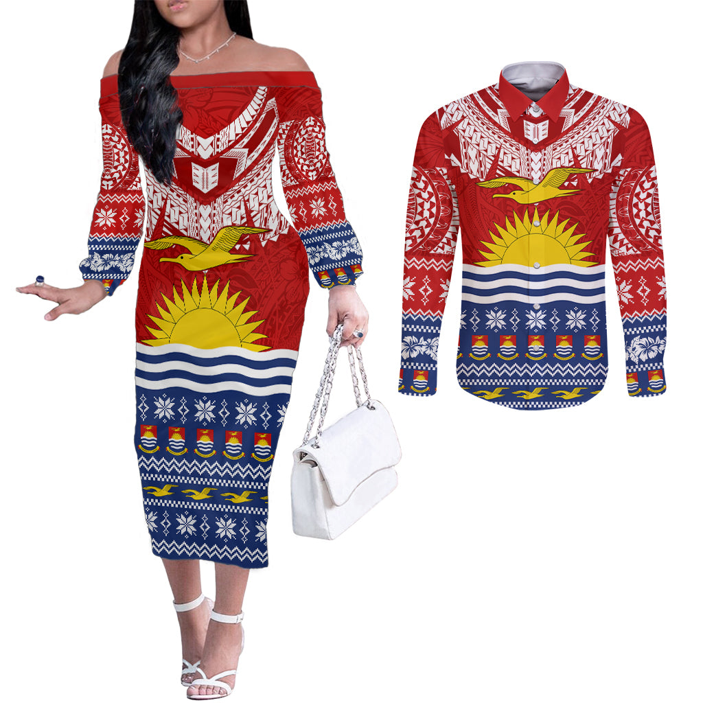 Kiribati Christmas Couples Matching Off The Shoulder Long Sleeve Dress and Long Sleeve Button Shirt Tekeraoi n Te Tiritimati Polynesian Tribal LT9 Red - Polynesian Pride