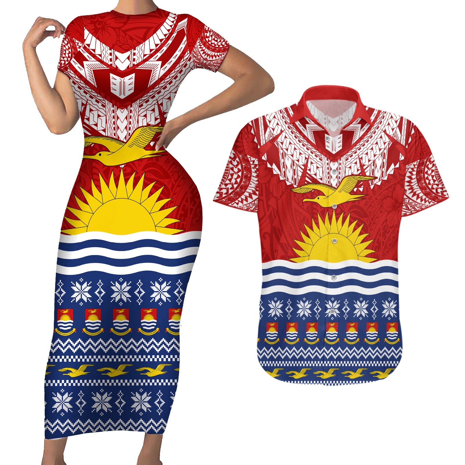 Kiribati Christmas Couples Matching Short Sleeve Bodycon Dress and Hawaiian Shirt Tekeraoi n Te Tiritimati Polynesian Tribal LT9 Red - Polynesian Pride