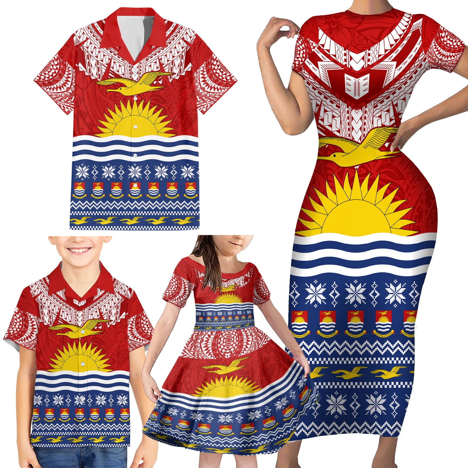 Kiribati Christmas Family Matching Short Sleeve Bodycon Dress and Hawaiian Shirt Tekeraoi n Te Tiritimati Polynesian Tribal LT9 - Polynesian Pride