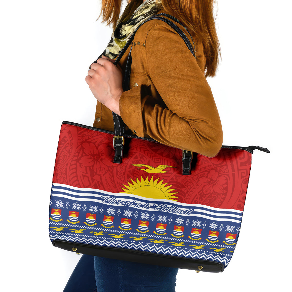 Kiribati Christmas Leather Tote Bag Tekeraoi n Te Tiritimati Polynesian Tribal LT9 Red - Polynesian Pride