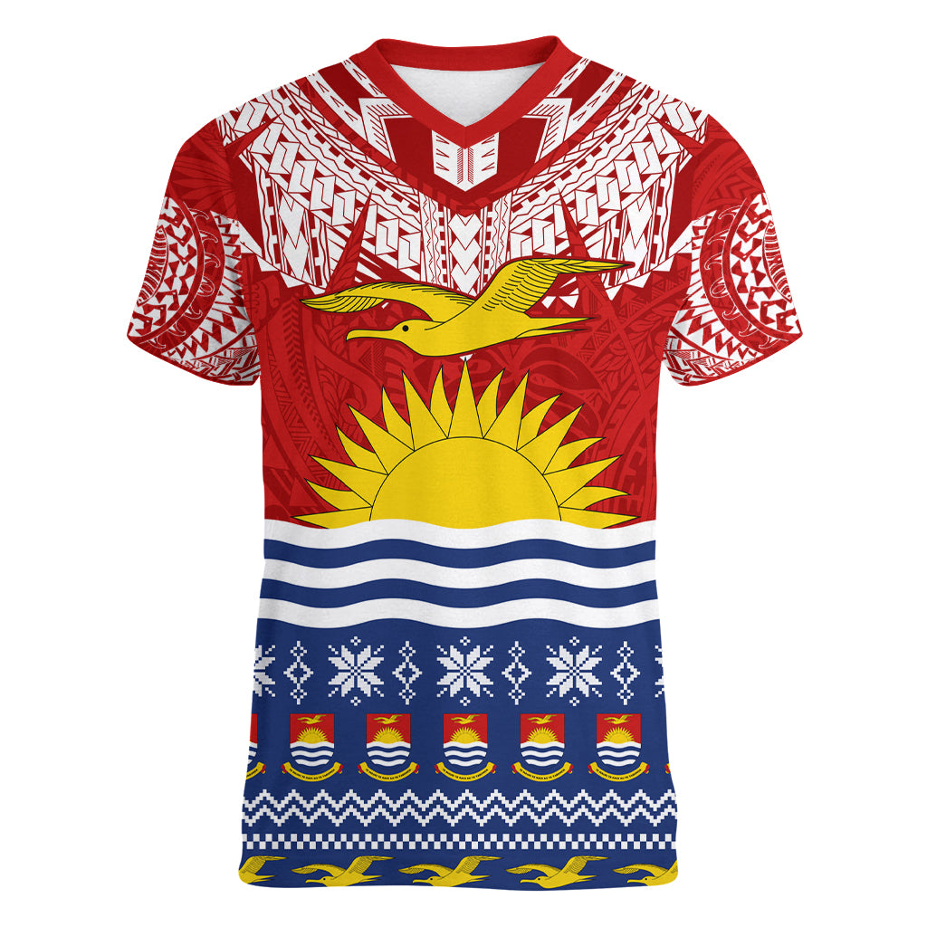 Kiribati Christmas Women V Neck T Shirt Tekeraoi n Te Tiritimati Polynesian Tribal LT9 Female Red - Polynesian Pride