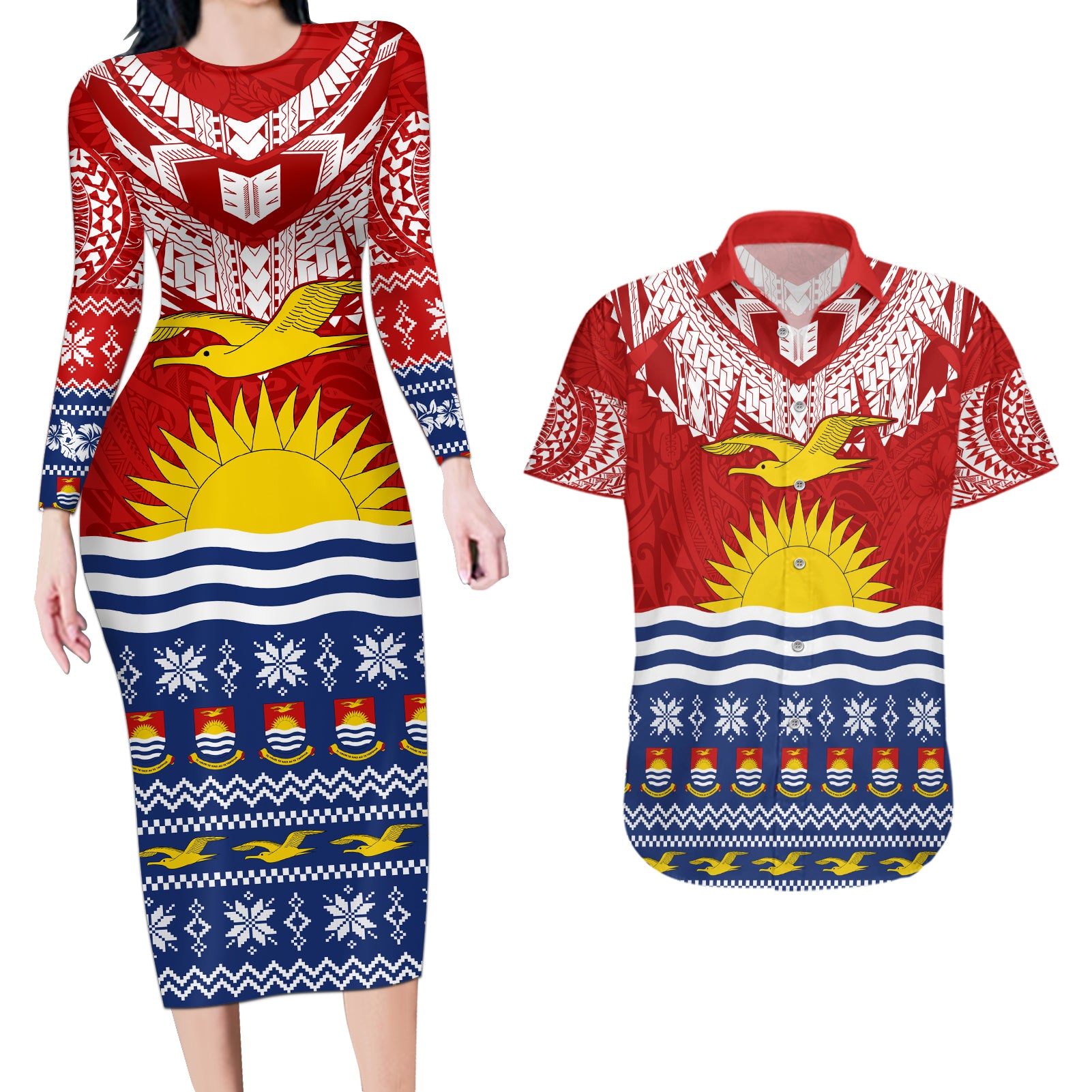 Personalised Kiribati Christmas Couples Matching Long Sleeve Bodycon Dress and Hawaiian Shirt Tekeraoi n Te Tiritimati Polynesian Tribal LT9 Red - Polynesian Pride