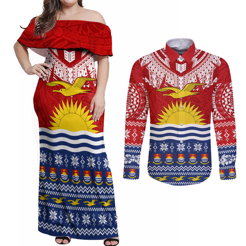 Personalised Kiribati Christmas Couples Matching Off Shoulder Maxi Dress and Long Sleeve Button Shirt Tekeraoi n Te Tiritimati Polynesian Tribal LT9 Red - Polynesian Pride