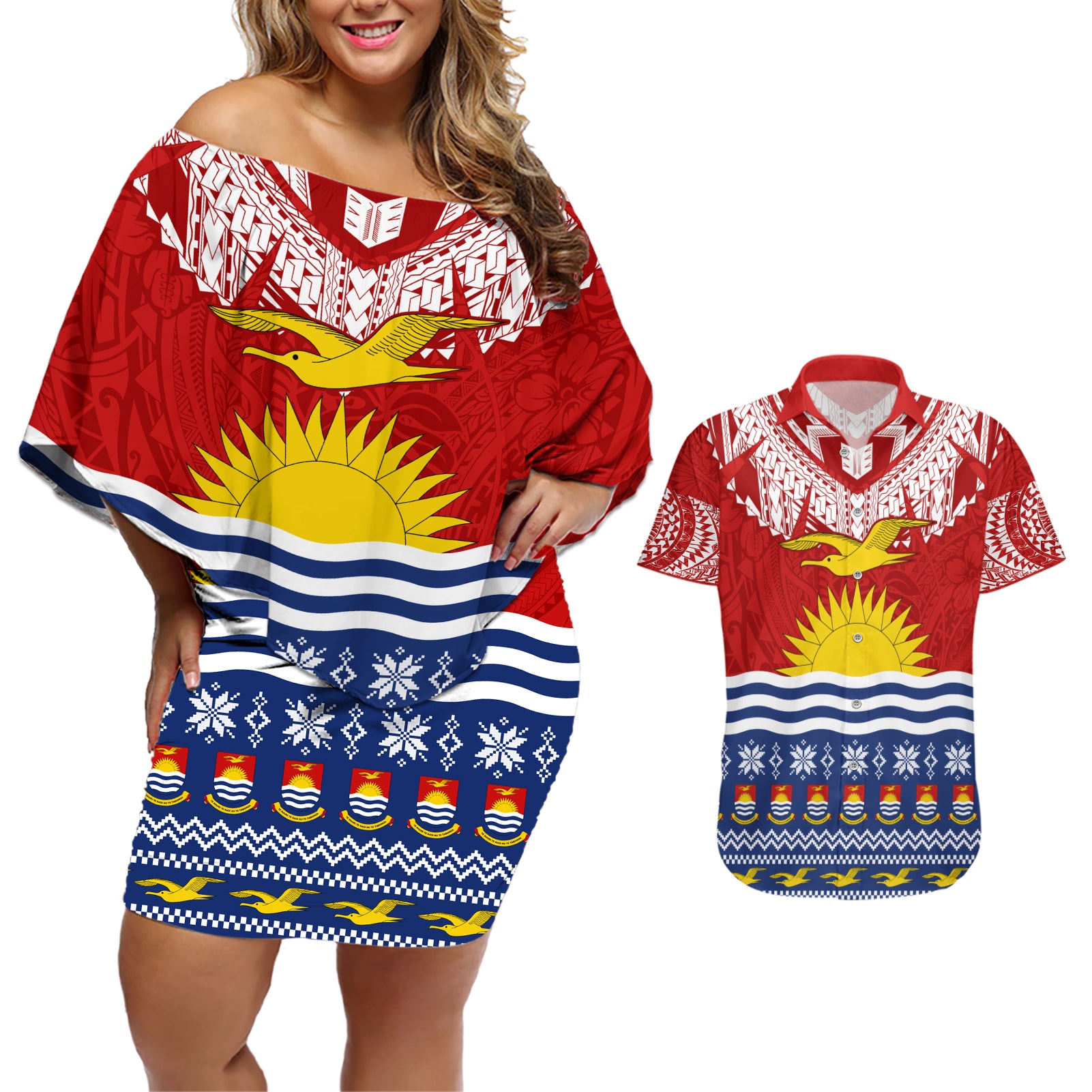 Personalised Kiribati Christmas Couples Matching Off Shoulder Short Dress and Hawaiian Shirt Tekeraoi n Te Tiritimati Polynesian Tribal LT9 Red - Polynesian Pride