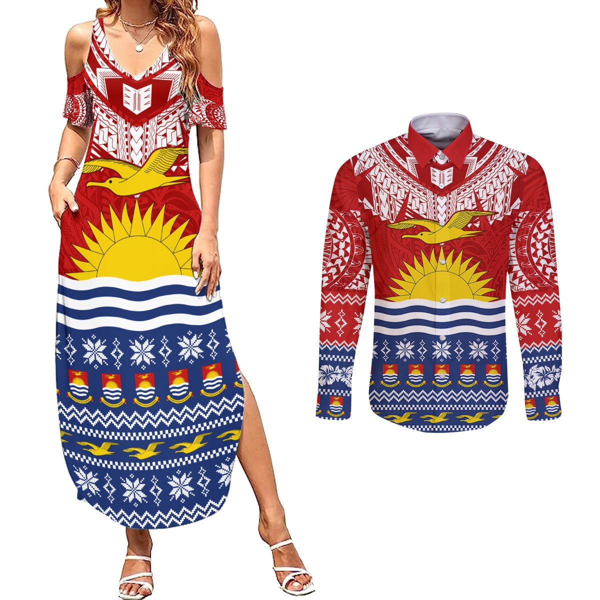 Personalised Kiribati Christmas Couples Matching Summer Maxi Dress and Long Sleeve Button Shirt Tekeraoi n Te Tiritimati Polynesian Tribal LT9 Red - Polynesian Pride