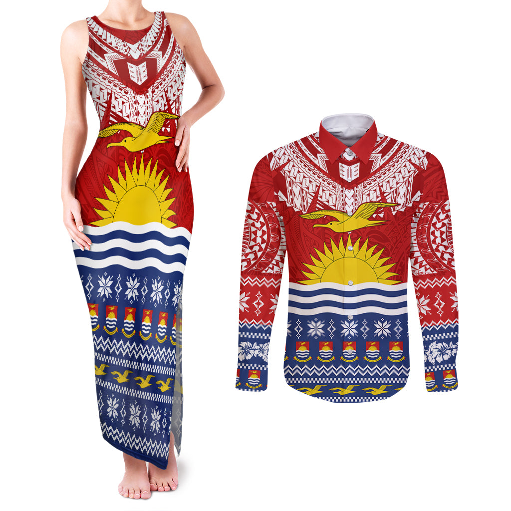 Personalised Kiribati Christmas Couples Matching Tank Maxi Dress and Long Sleeve Button Shirt Tekeraoi n Te Tiritimati Polynesian Tribal LT9 Red - Polynesian Pride