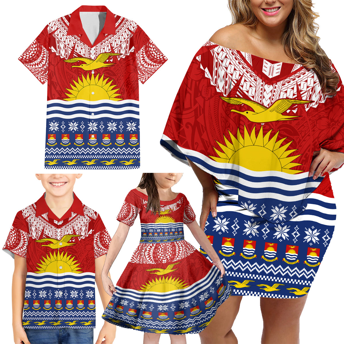 Personalised Kiribati Christmas Family Matching Off Shoulder Short Dress and Hawaiian Shirt Tekeraoi n Te Tiritimati Polynesian Tribal LT9 - Polynesian Pride