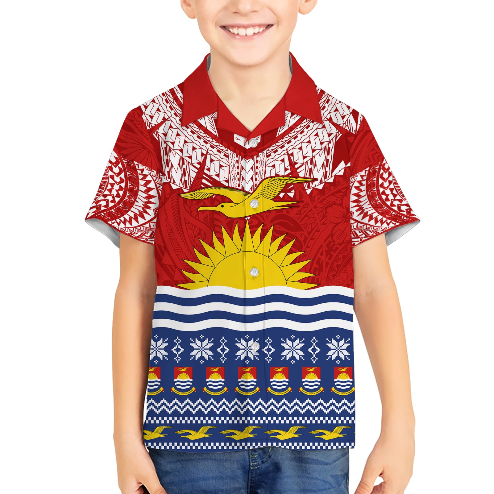 Personalised Kiribati Christmas Kid Hawaiian Shirt Tekeraoi n Te Tiritimati Polynesian Tribal LT9 Kid Red - Polynesian Pride