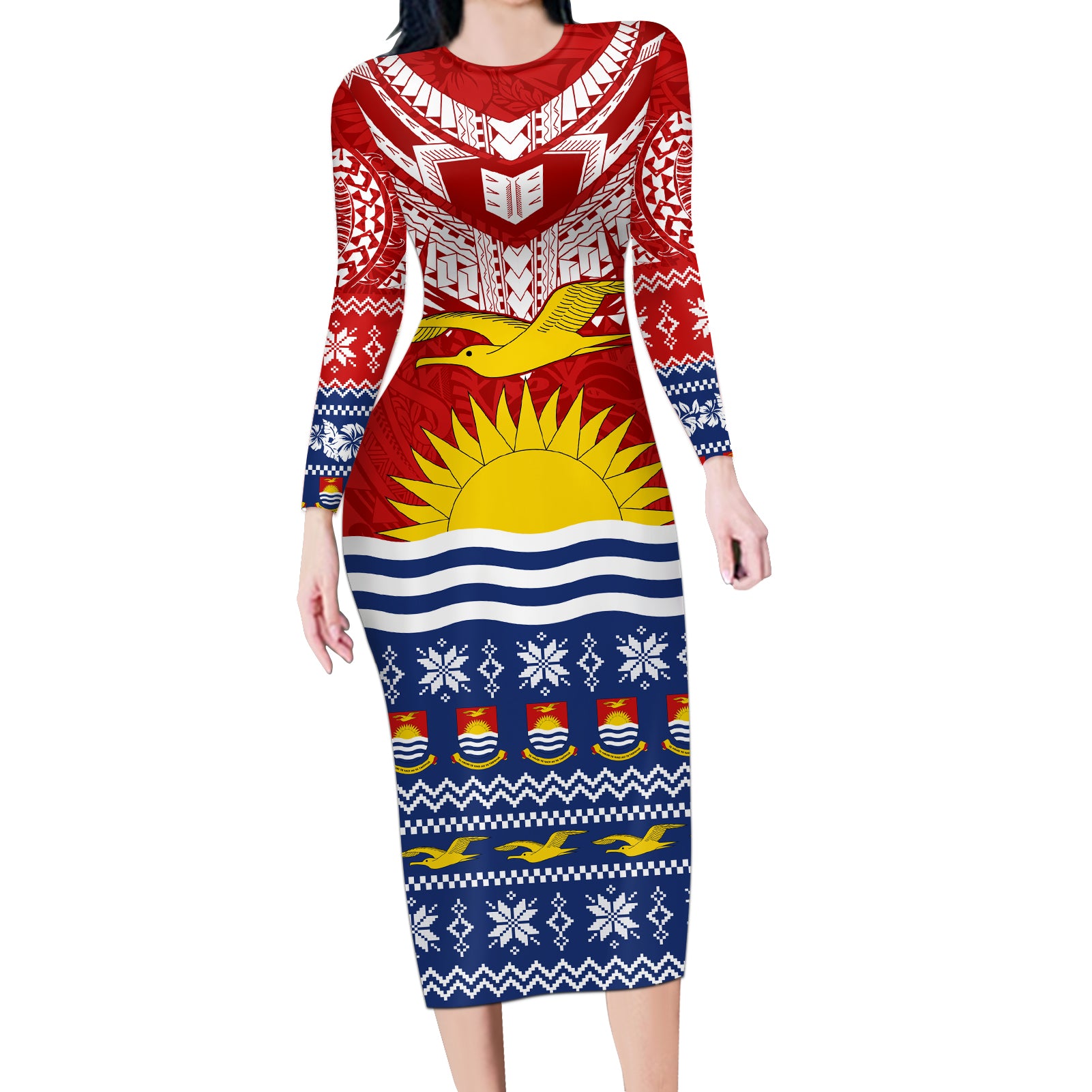 Personalised Kiribati Christmas Long Sleeve Bodycon Dress Tekeraoi n Te Tiritimati Polynesian Tribal LT9 Long Dress Red - Polynesian Pride