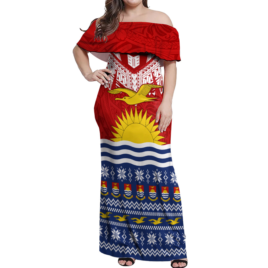 Personalised Kiribati Christmas Off Shoulder Maxi Dress Tekeraoi n Te Tiritimati Polynesian Tribal LT9 Women Red - Polynesian Pride