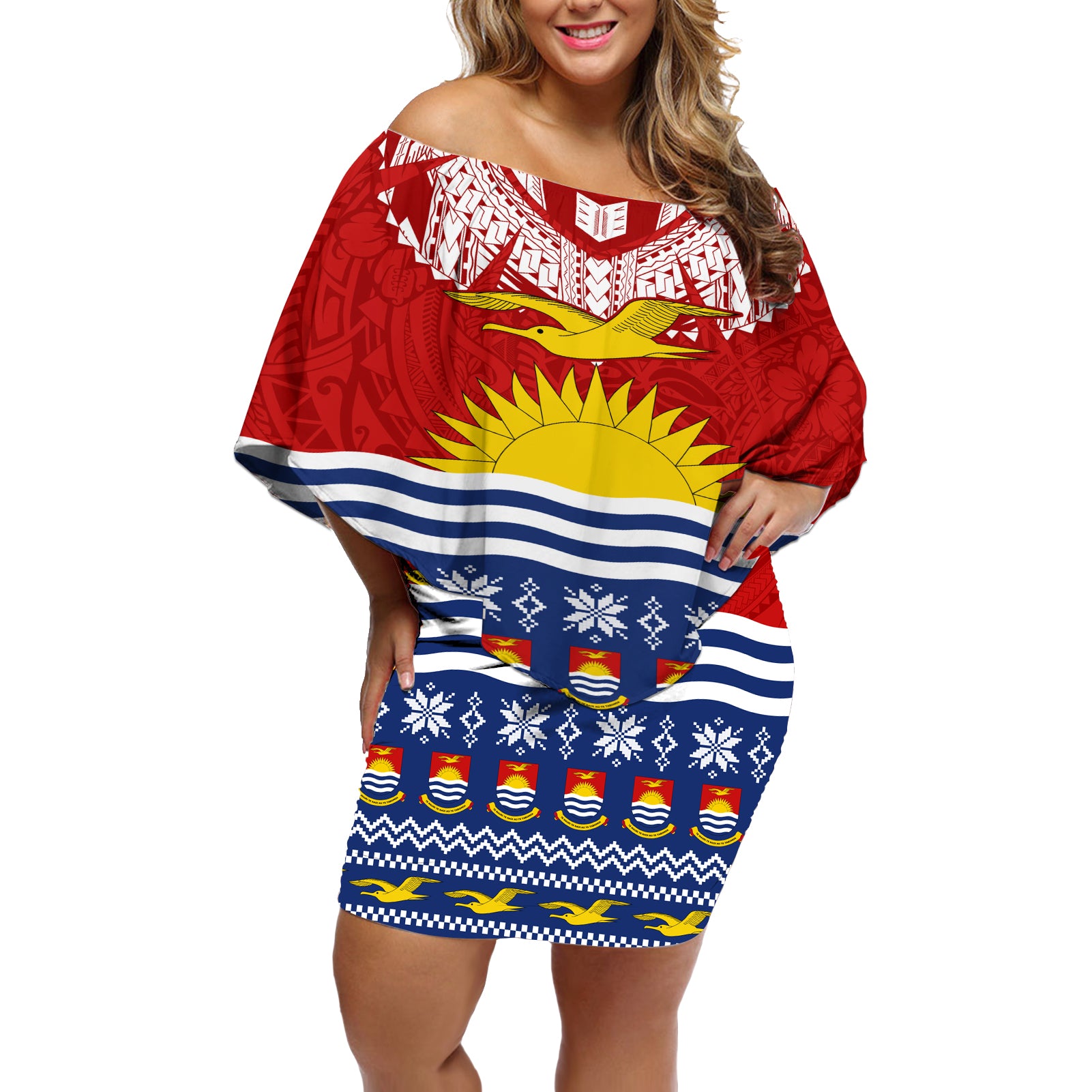 Personalised Kiribati Christmas Off Shoulder Short Dress Tekeraoi n Te Tiritimati Polynesian Tribal LT9 Women Red - Polynesian Pride