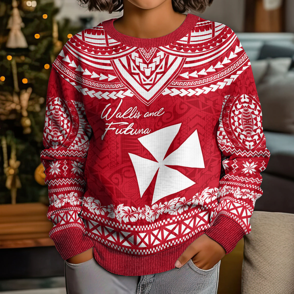 Personalised Wallis and Futuna Christmas Kid Ugly Christmas Sweater Polynesian Tribal LT9 - Polynesian Pride
