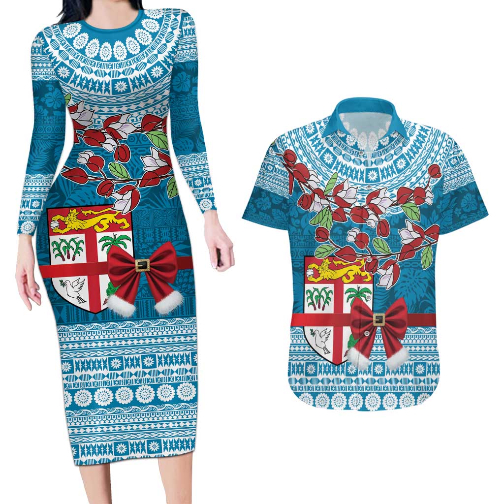 Fijian Tagimoucia Flowers Couples Matching Long Sleeve Bodycon Dress and Hawaiian Shirt Christmas Coquette bow