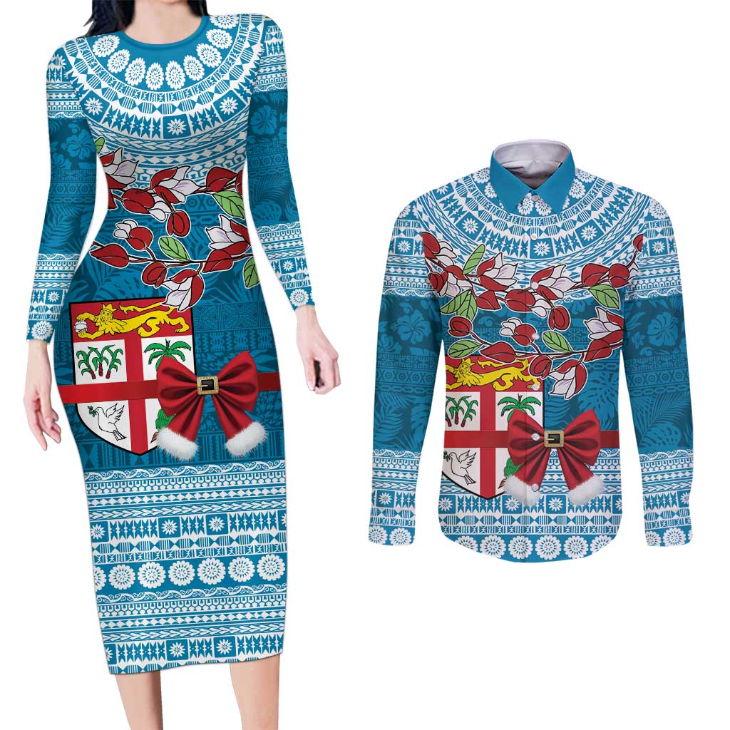 Fijian Tagimoucia Flowers Couples Matching Long Sleeve Bodycon Dress and Long Sleeve Button Shirt Christmas Coquette bow