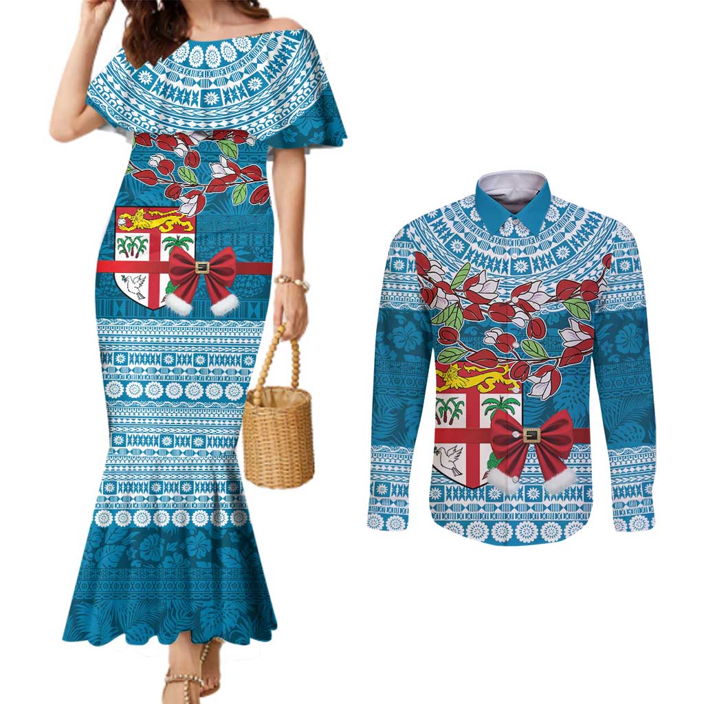 Fijian Tagimoucia Flowers Couples Matching Mermaid Dress and Long Sleeve Button Shirt Christmas Coquette bow