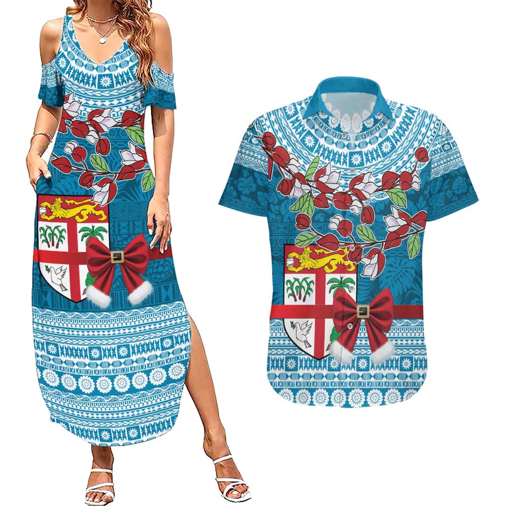 Fijian Tagimoucia Flowers Couples Matching Summer Maxi Dress and Hawaiian Shirt Christmas Coquette bow