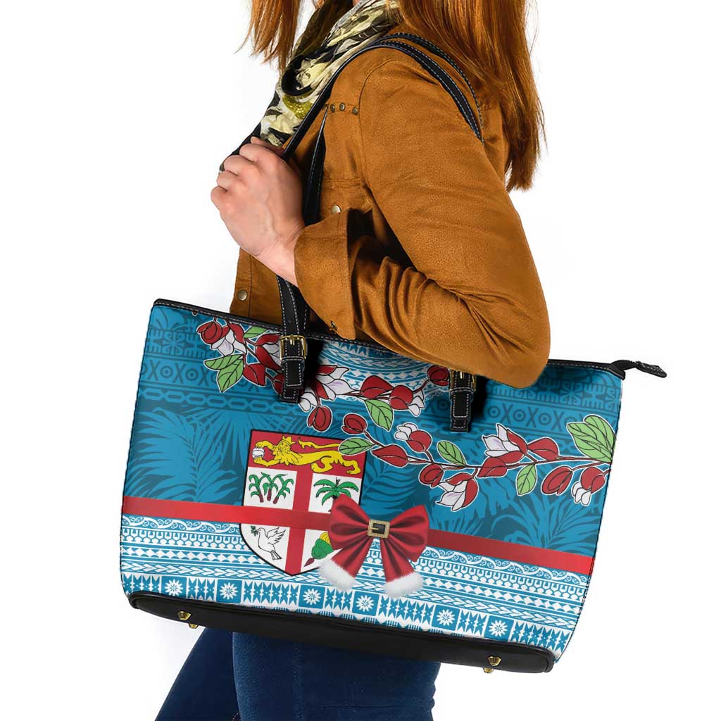 Fijian Tagimoucia Flowers Leather Tote Bag Christmas Coquette bow LT9 Blue - Polynesian Pride