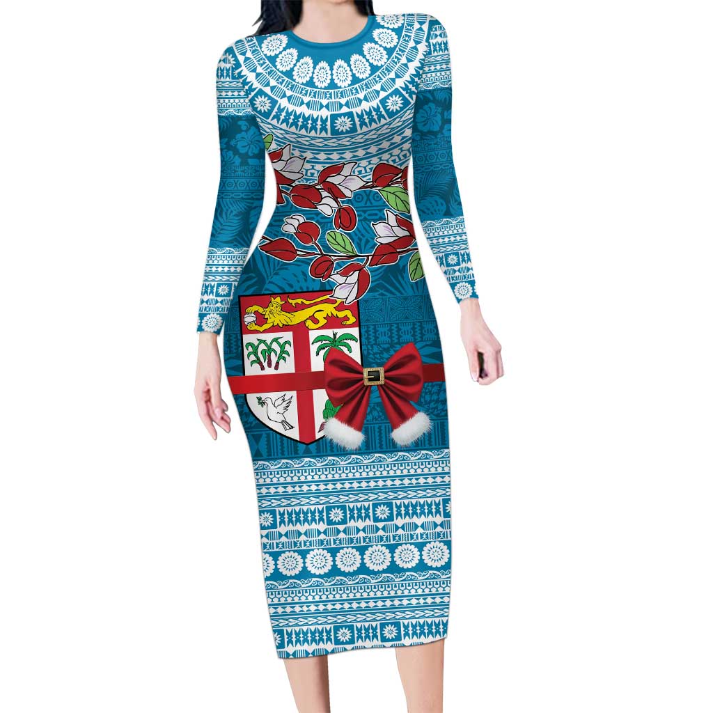 Fijian Tagimoucia Flowers Long Sleeve Bodycon Dress Christmas Coquette bow LT9 Long Dress Blue - Polynesian Pride