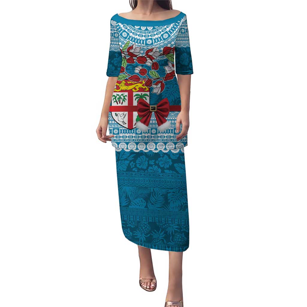 Fijian Tagimoucia Flowers Puletasi Christmas Coquette bow LT9 Long Dress Blue - Polynesian Pride