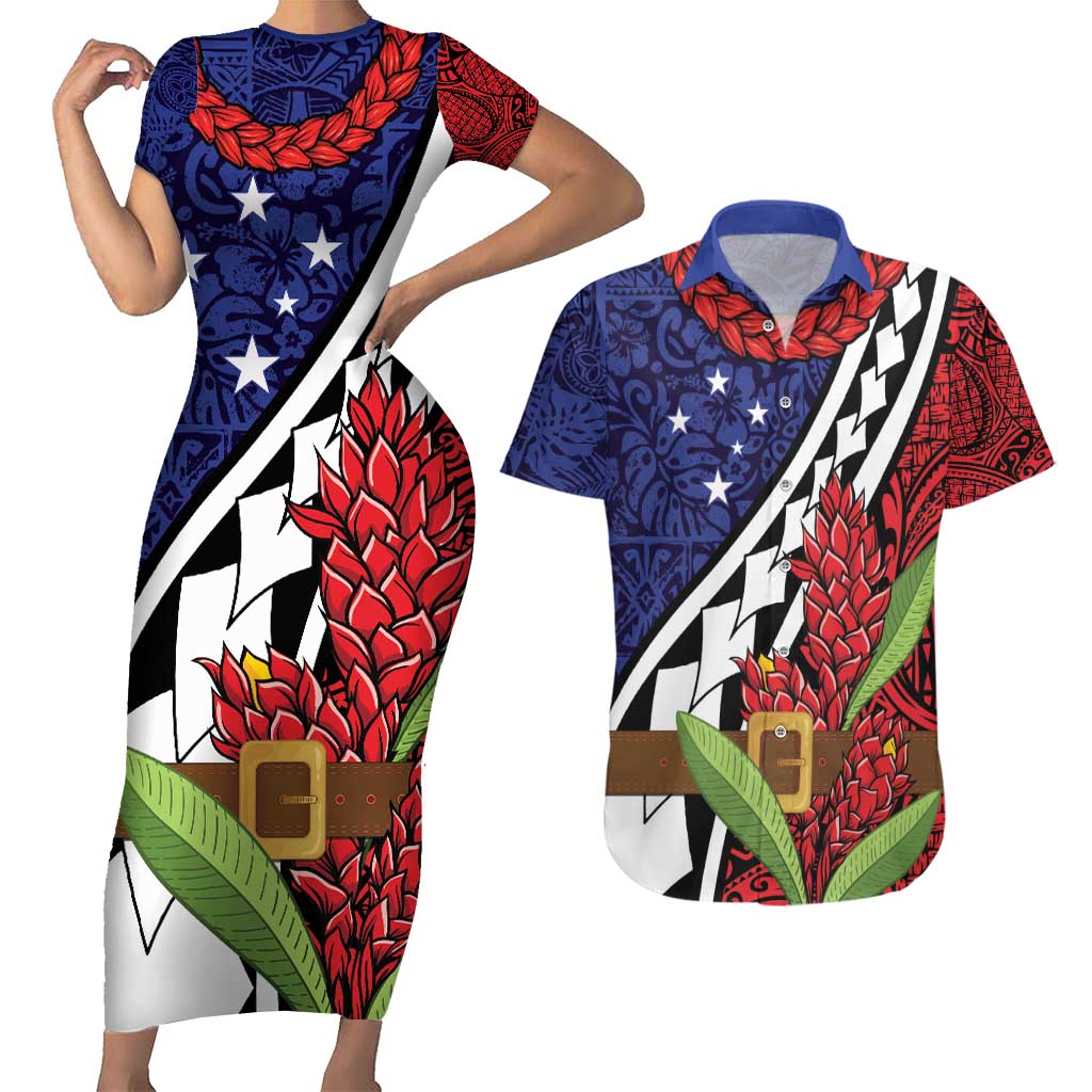 Samoan Ula Fala Flowers Couples Matching Short Sleeve Bodycon Dress and Hawaiian Shirt Christmas Santa Belt