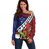 Samoan Ula Fala Flowers Off Shoulder Sweater Christmas Santa Belt LT9 Women Red - Polynesian Pride