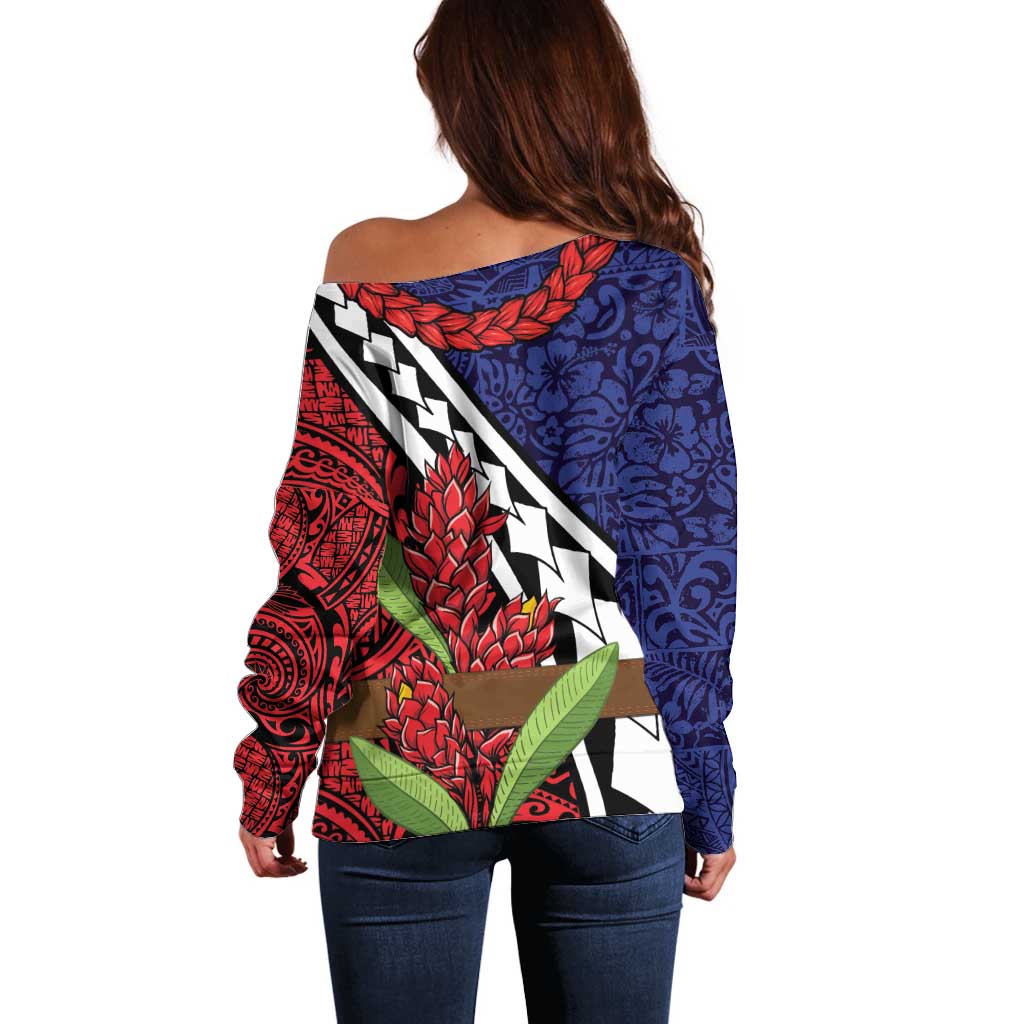 Samoan Ula Fala Flowers Off Shoulder Sweater Christmas Santa Belt LT9 - Polynesian Pride