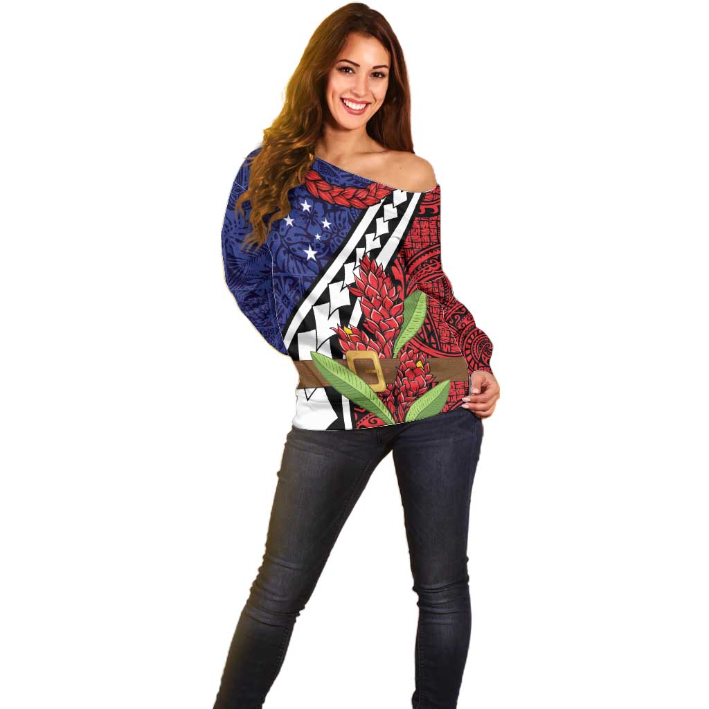 Samoan Ula Fala Flowers Off Shoulder Sweater Christmas Santa Belt LT9 - Polynesian Pride
