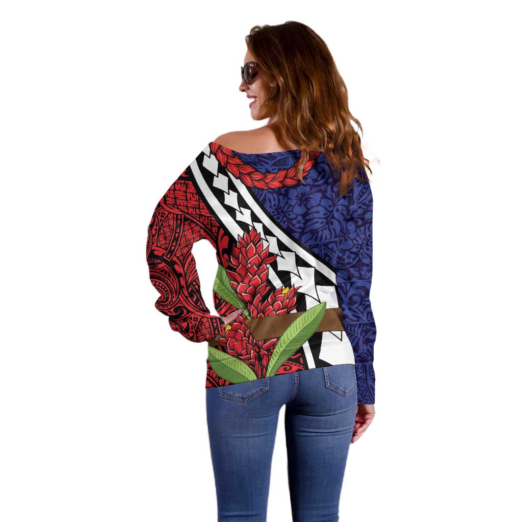 Samoan Ula Fala Flowers Off Shoulder Sweater Christmas Santa Belt LT9 - Polynesian Pride