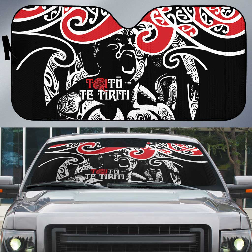 Aotearoa Toitu Te Tiriti Auto Sun Shade New Zealand Stand Together Stand Stronger LT9 Black - Polynesian Pride