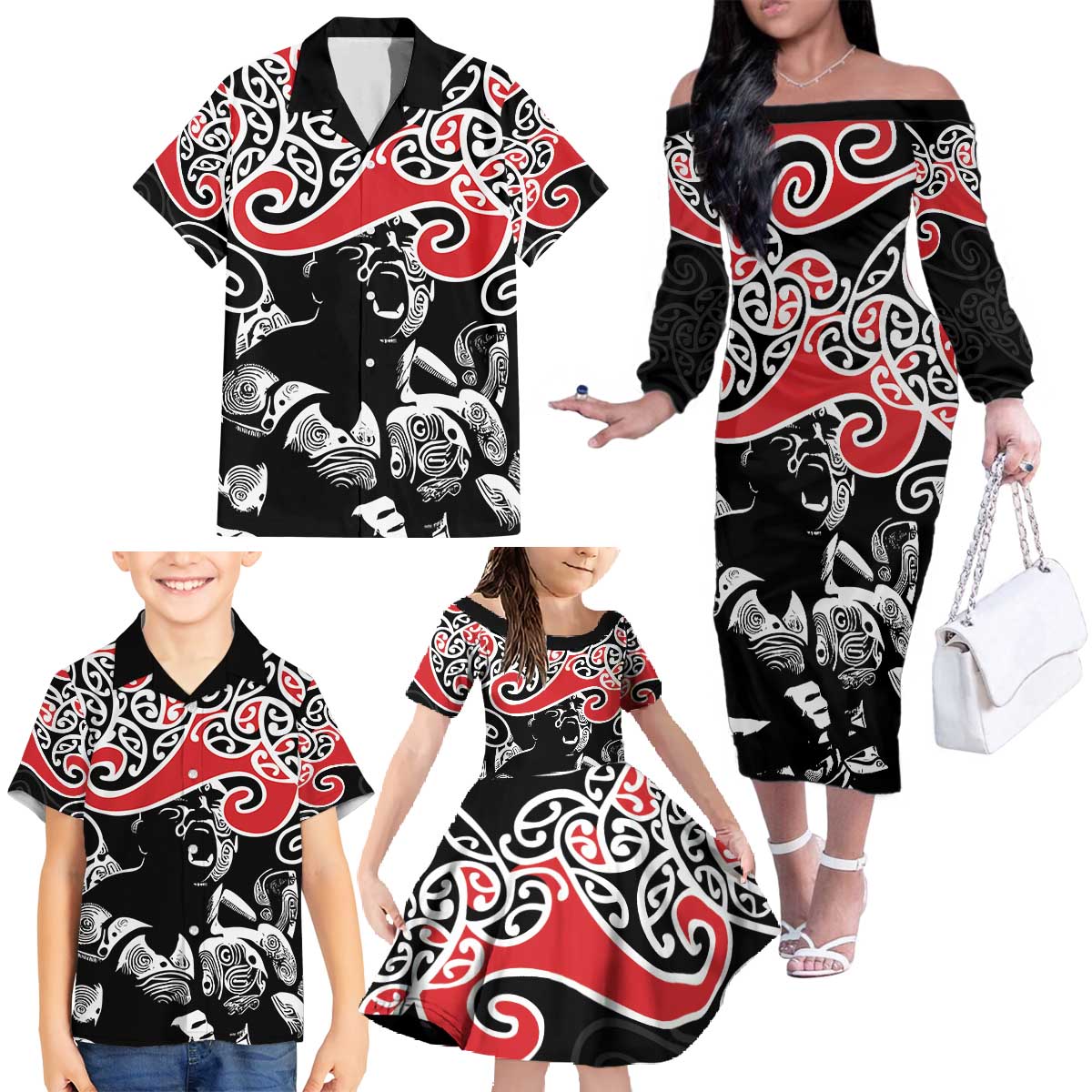 Aotearoa Toitu Te Tiriti Family Matching Off The Shoulder Long Sleeve Dress and Hawaiian Shirt New Zealand Stand Together Stand Stronger