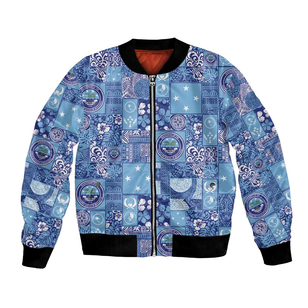 Federated States of Micronesia Merry Christmas Bomber Jacket Pacific Patchwork Xmas Vibes LT9 Unisex Blue - Polynesian Pride