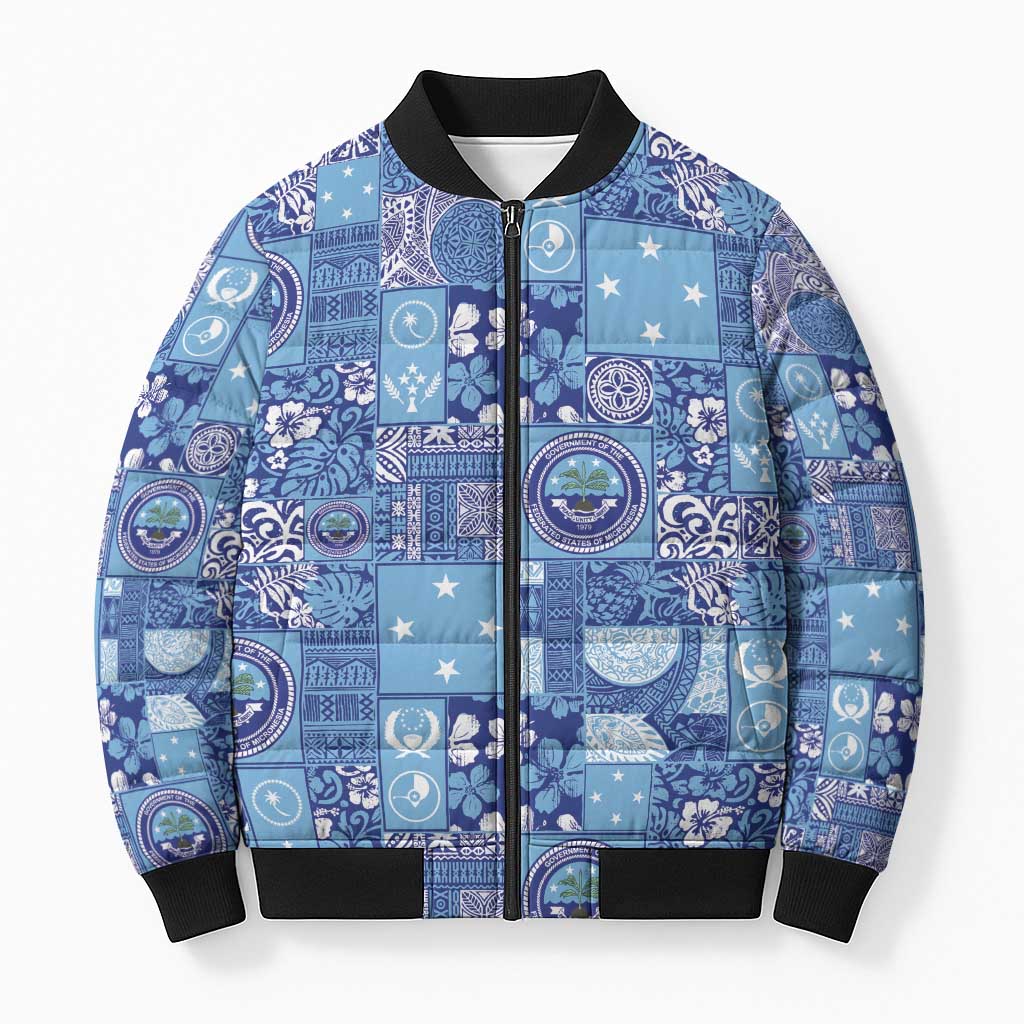 Federated States of Micronesia Merry Christmas Bomber Puffer Jacket Pacific Patchwork Xmas Vibes LT9 Unisex Blue - Polynesian Pride